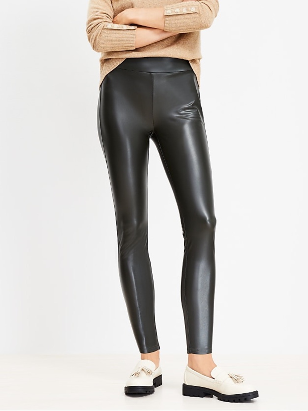 LOFT Black Faux Leather Fleece Lined High Rise Leggings Size Large